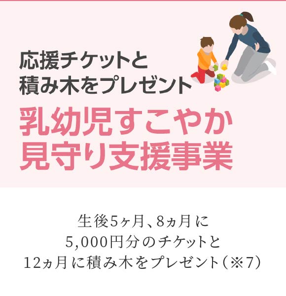 応援チケットと積み木をプレゼント乳幼児すこやか見守り支援事業 生後5ヶ月、8ヵ月に5,000円分のチケットと12ヵ月に積み木をプレゼント（※7）