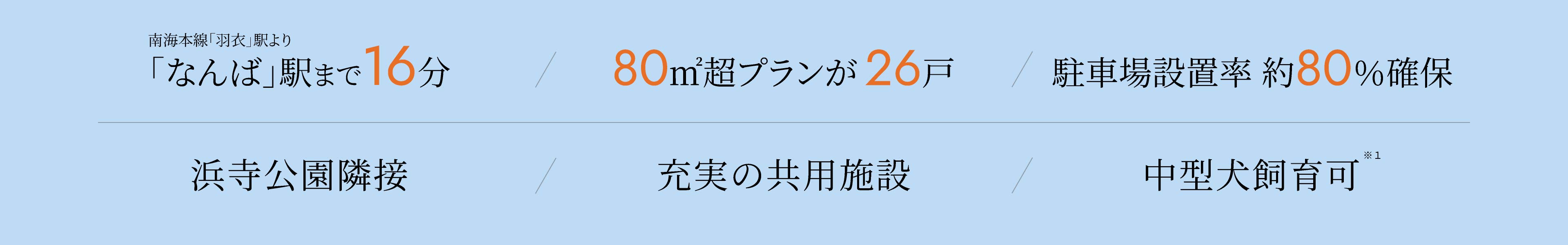 「なんば」駅まで16分|80㎡超プランが26戸|駐車場設置率約80%|浜寺公園隣接|充実の共用施設|中型犬飼育可※1