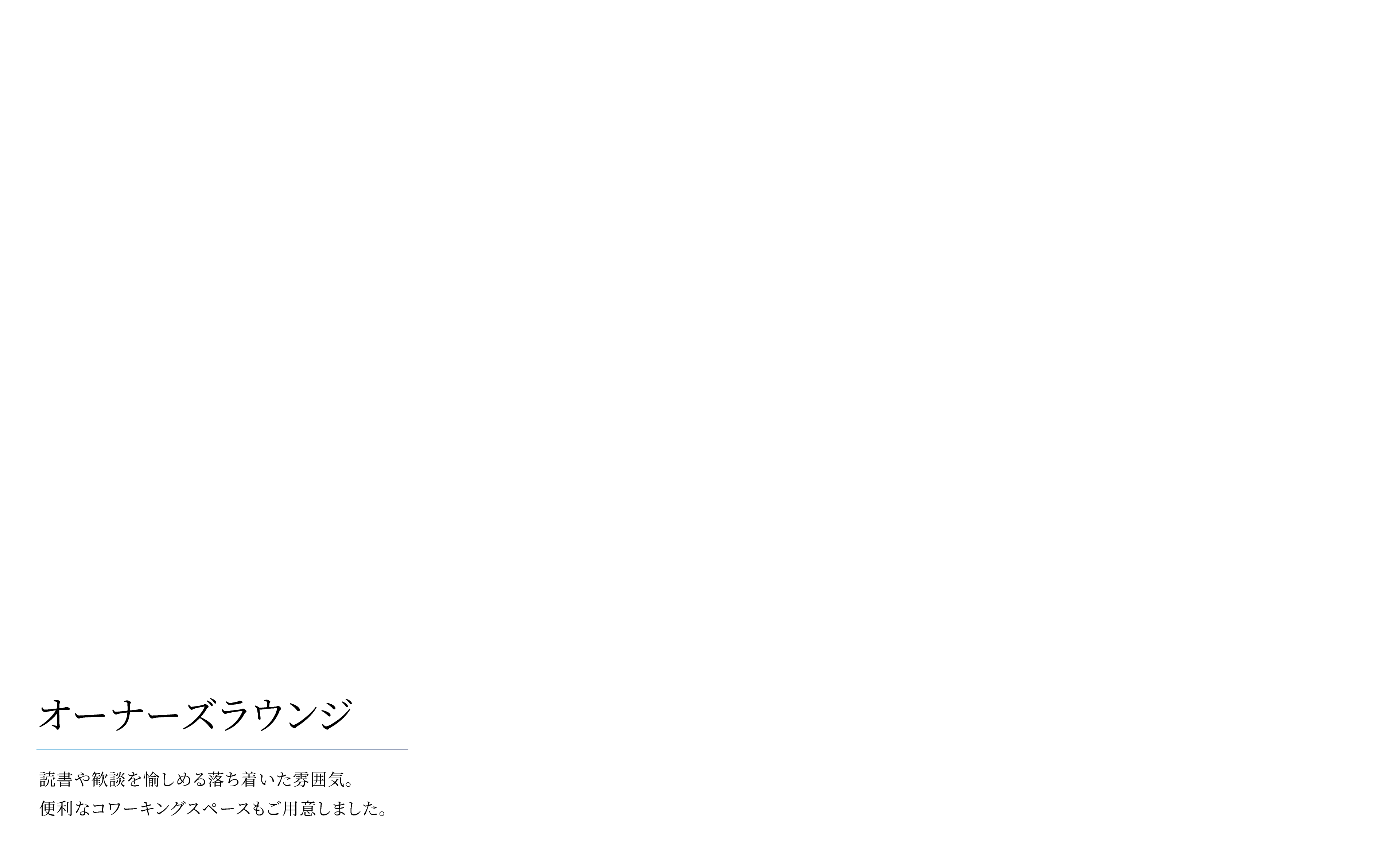 オーナーズラウンジ。読書や歓談を愉しめる落ち着いた雰囲気。便利なコワーキングスペースもご用意しました。