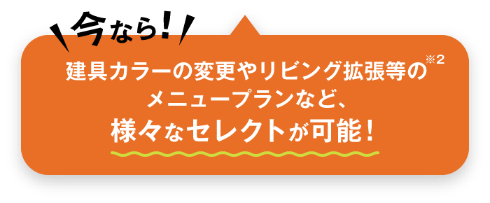 今なら！建具カラーの変更やリビング拡張等のメニュープランなど、様々なセレクトが可能！※2